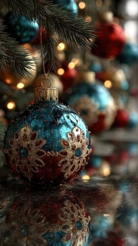 Colorful Christmas ornaments hang elegantly on a decorated tree during the holiday season in a cozy indoor setting photo