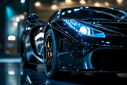 Modern supercar shining under blue lights in showroom photo