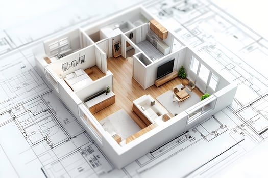Modern apartment model standing on architectural plans showing interior design photo