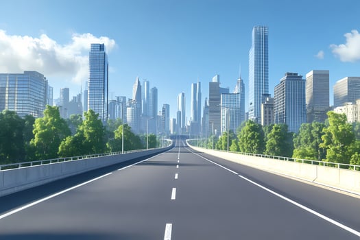 Highway leading to modern sustainable green metropolis with skyscrapers and lush trees photo
