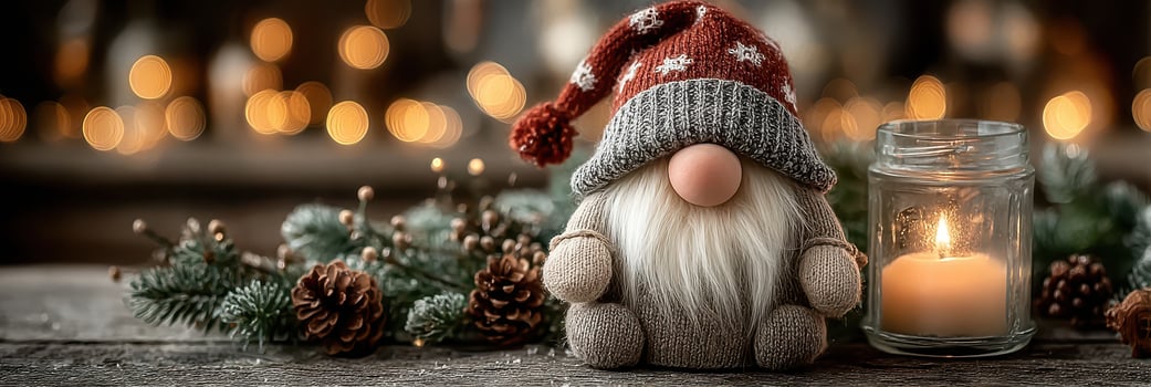 Cozy holiday decoration featuring a gnome, candle, and pinecones in a softly lit setting photo