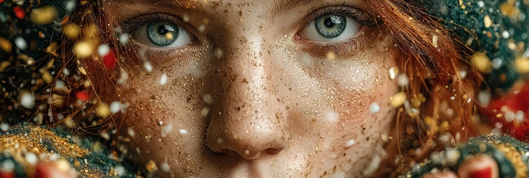 Close-up of a young woman with blue eyes and freckles surrounded by shimmering glitter during a festive celebration in winter photo