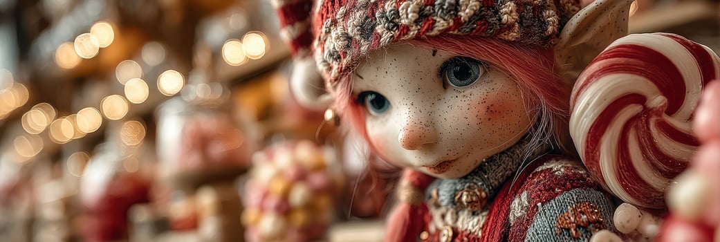 Colorful doll with elf features stands among festive decorations in a bustling holiday market during evening hours photo