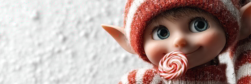 Cheerful elf character holding a striped candy in a festive setting during winter photo