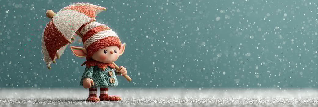 Winter elf character holding an umbrella in snowy, playful atmosphere with soft colors and whimsical design photo