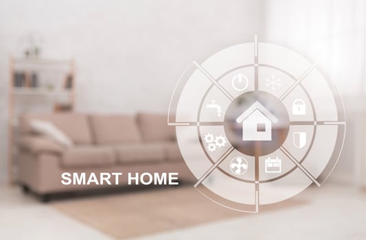 Double exposure of living room interior and smart home control panel with icons on virtual screen, creative collage photo