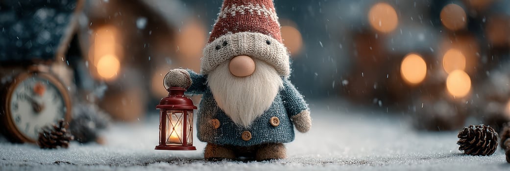 Gnome holding lantern in snowy village during winter evening with glowing lights in background photo