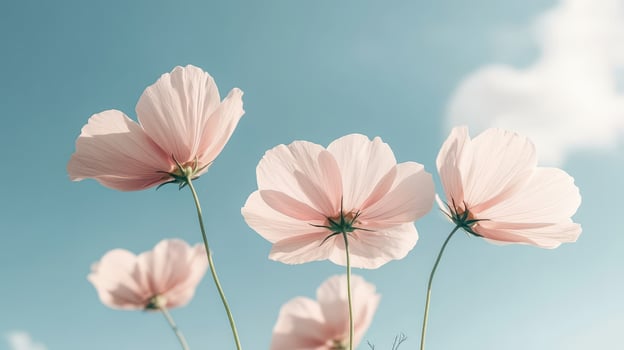 Pale pink petals of springtime bloom against a soft blue sky with fluffy clouds. Flowers sway gently with sunlight shining. Delicate floral arrangement, soft color palette. photo