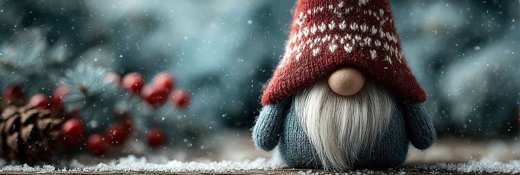 Festive gnome stands surrounded by winter decorations in a snowy setting during the holiday season photo
