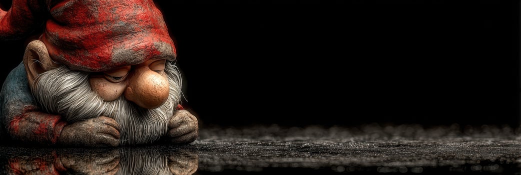 Whimsical garden gnome lost in thought by a reflective surface during twilight hours photo