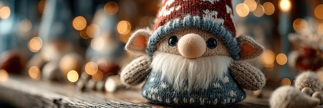Colorful holiday decoration featuring a plush gnome wearing a knitted hat with twinkling lights in the background photo