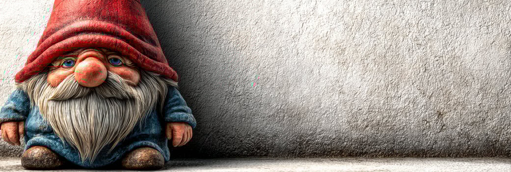 Whimsical garden gnome sitting against a textured wall in a playful outdoor setting during daylight hours photo