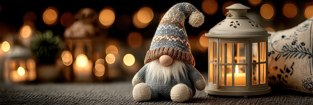 Cozy decorations featuring a knitted gnome and a lantern with warm candlelight during festive winter photo