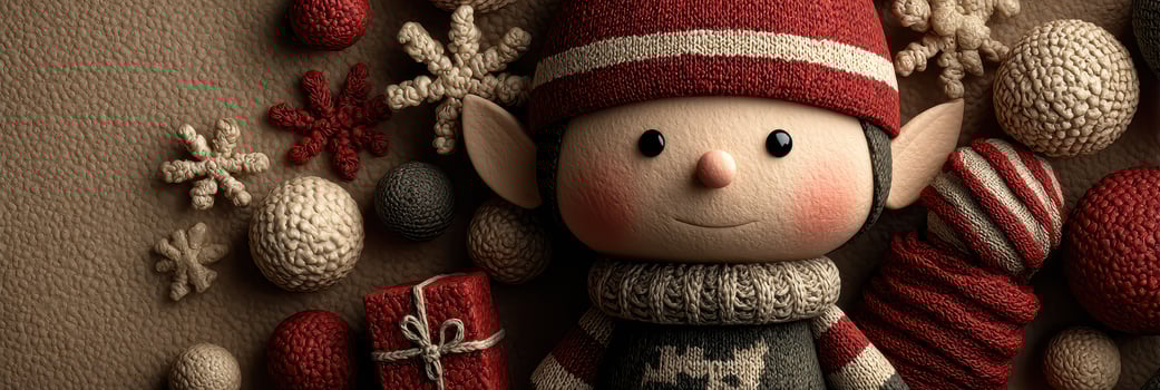 Holiday-themed festive elf surrounded by colorful decorations and gifts in a cozy winter setting photo