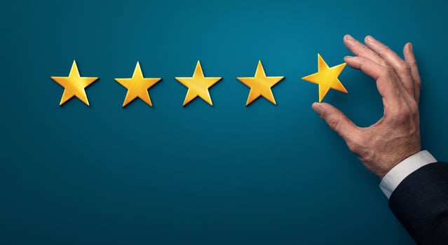 Hand of client giving a one star rating, bad experience, panorama. Service rating, satisfaction and customer experience concept photo