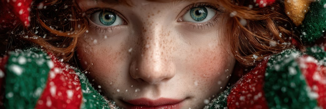 Young girl with red hair and green eyes wearing colorful sweater in snowy winter wonderland photo
