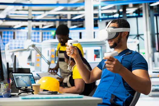 Photovoltaics facility engineer using VR tech to build generators for solar cells to produce renewable energy. Industrial plant employee creates solar panel using virtual reality gear. photo