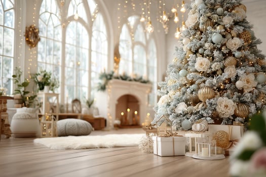 Elegant winter home decor with a beautifully decorated Christmas tree and cozy ambiance during the festive season photo