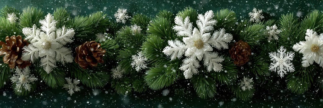 Holiday decoration featuring snowflakes and pine cones among seasonal greens creating a festive atmosphere photo