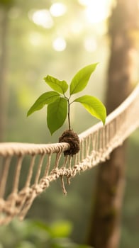Small plant growing on rope bridge. New life emerges against blurred forest background. Green leaves sprout in nature. Sunlight shines on fresh foliage. photo