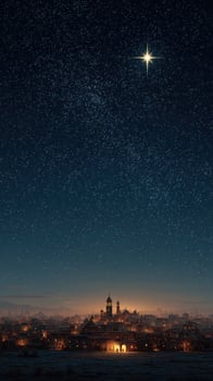 City skyline illuminated by stars and a bright star over a tranquil evening landscape photo