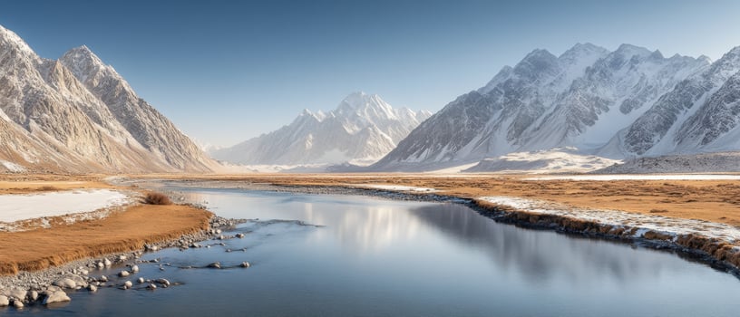 River flows through valley towards snow capped mountains. Brown grasses line riverbanks. Clear blue sky above mountainous landscape. Reflection visible in water. photo