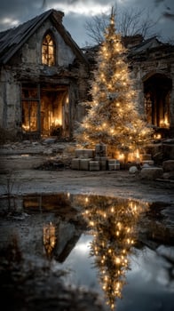 Twinkling Christmas tree and gifts near an abandoned building at dusk photo