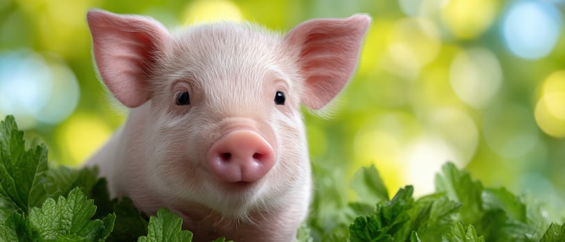Cheerful baby pig playing in sunbeam surrounded by lush greenery nature photography bright scene photo