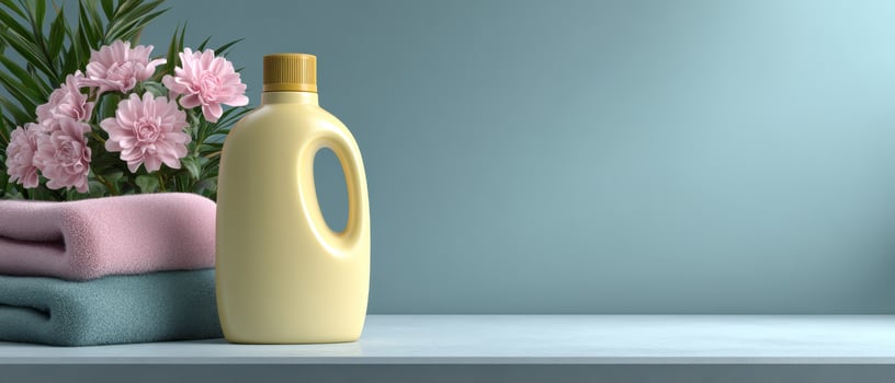 Laundry detergent bottle with floral arrangement minimalist setting still life natural light photo