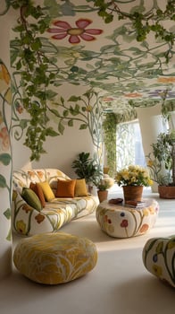 Modern living room with floral decorations creating a relaxing atmosphere photo