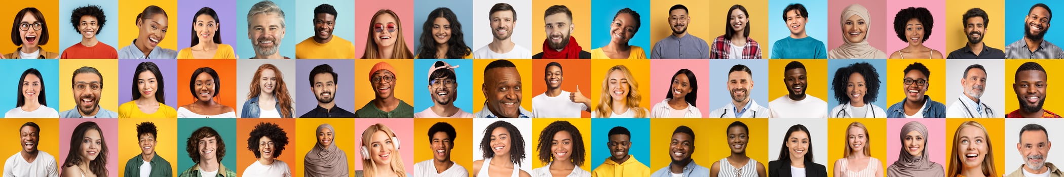 A vibrant collage displaying diverse individuals from various backgrounds, each smiling and showcasing their unique features against colorful backgrounds. photo