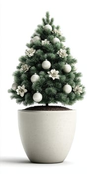 Holiday decoration featuring a lush artificial Christmas tree with white ornaments and floral accents in a modern pot photo
