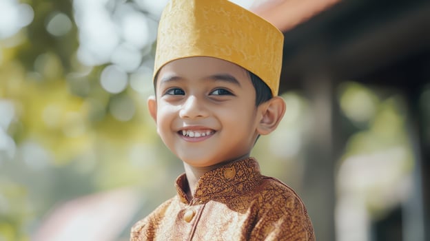 Happy boy wearing traditional attire and a cap photo