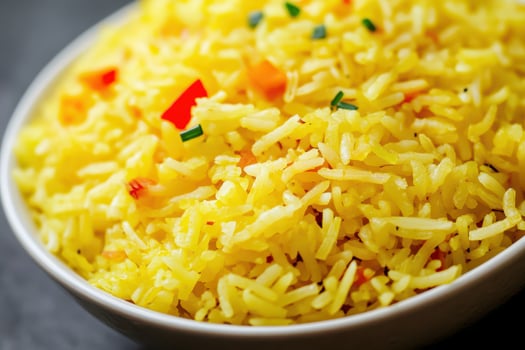 Delicious yellow rice garnished with fresh herbs photo