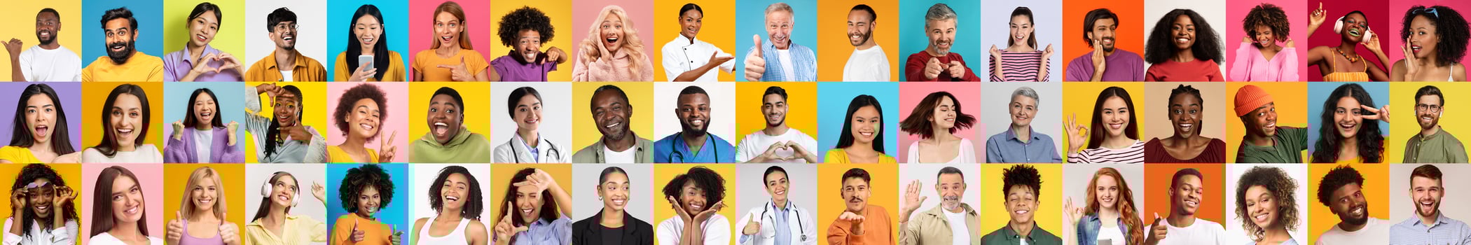 A vibrant collection of portraits featuring diverse individuals expressing happiness and warmth. Each face represents a unique background, reflecting unity in diversity against colorful backdrops. photo
