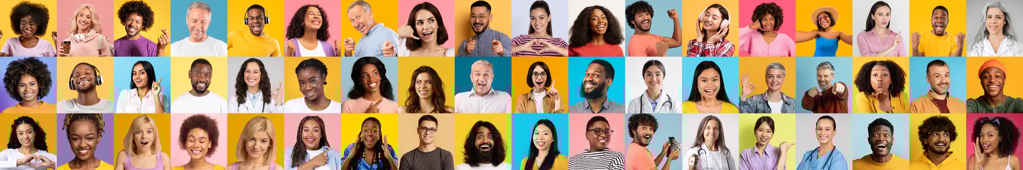 This lively collage showcases portraits of multiracial individuals smiling and expressing joy against colorful backgrounds. Each person radiates positivity, reflecting a celebration of diversity. photo