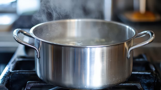 Pasta cooking in a stainless pot photo