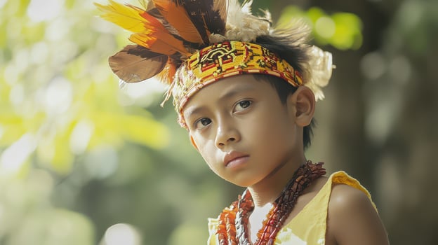 Traditional attire worn by a young child outdoors photo