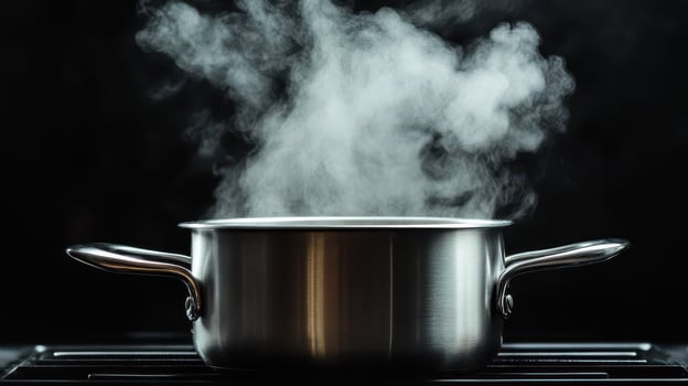 Steam rises from a pot on the stove in the kitchen photo