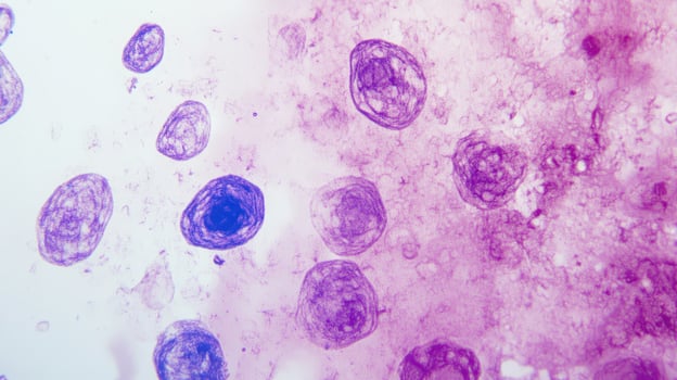 Colorful cells under microscope in lab photo