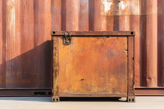 Rusty container against metal backdrop in sunlight photo