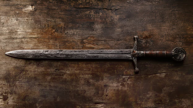 Sword displayed on rustic wooden surface photo