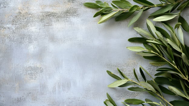 Fresh green leaves arranged on textured surface photo