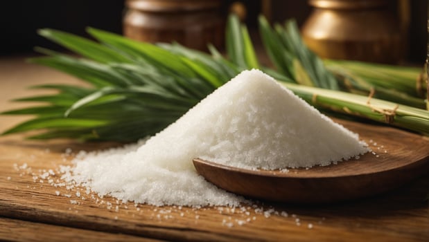 Sugar and a spoon on a wooden table photo