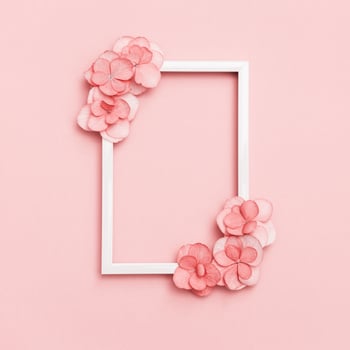 Plain natural Hydrangea flowers, minimal floral style pastel pink blossom arrangement. Flowery frame photo