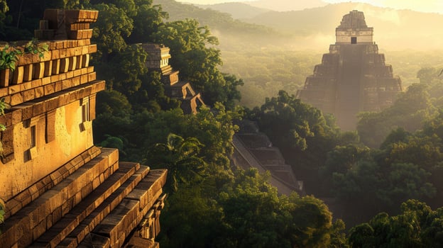 Majestic view of ancient mayan ruins in a vibrant, untouched jungle, bathed in the warm morning sun. photo