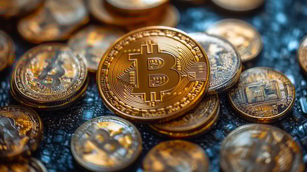 Pile of shiny gold bitcoin coins, representing the future of digital currency. photo