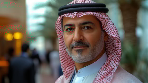 A close-up portrait of an arabian man with traditional headwear, smiling gently. photo