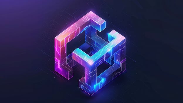 A vibrant digital artwork depicts a glowing neon geometric shape against a dark background. photo