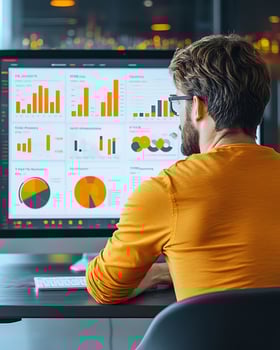 HR manager analyzing employee performance dashboard, vibrant infographic style photo